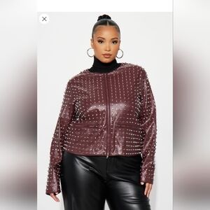 Fashion Nova Run This Town Studded Faux Leather Jacket Wine Size 1X(14/16)(NWOT)
